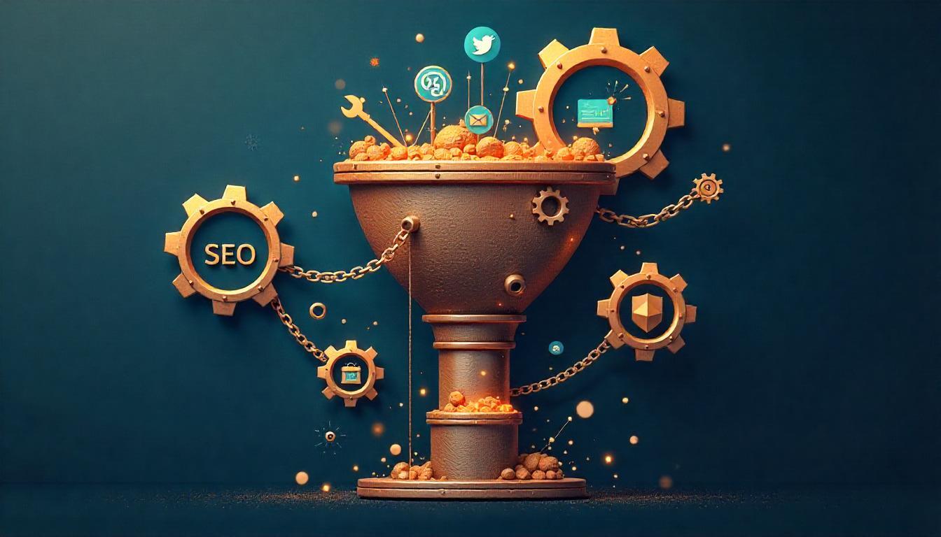 Illustration of a digital marketing funnel with icons representing SEO, social media, and paid ads driving traffic to a website