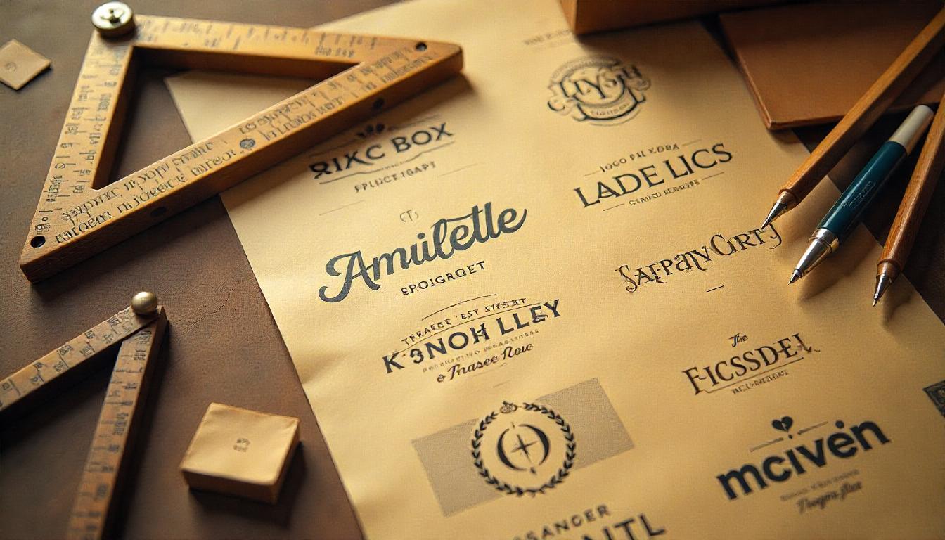 A colorful flat-lay of design tools, branding elements, and logo sketches representing creative brand identity development.